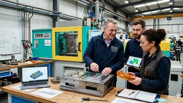 Engineer reviewing plastic part design with an injection mold consulting company to prevent molding defects and production issues.