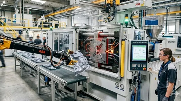 Technician monitoring a plastic injection moulding machine during production to improve part quality and reduce manufacturing defects.Select 76 more words to run Humanizer.